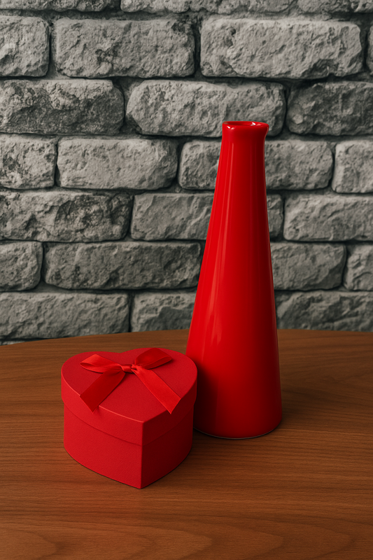 Kırmızı Mini Dekor Vazo & Kalpli Hediye Kutusu Seti